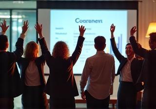 Business team celebrating a successful presentation