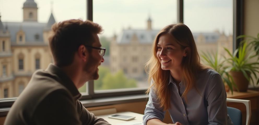 Smiling tutor and student in English lesson, with Oxford city background