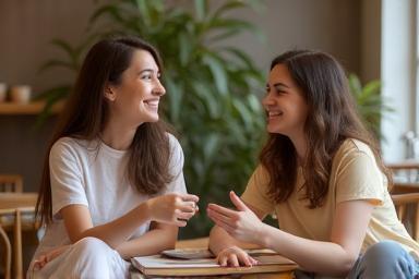 Two learners engaged in English conversation practice