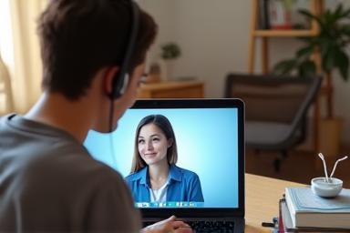 Online English lesson with tutor on laptop